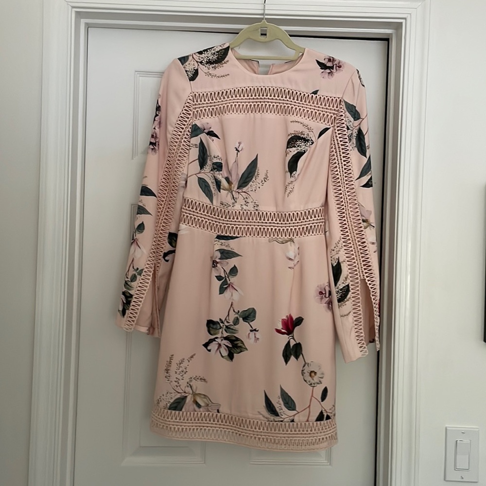Keepsake long sleeve dress. Blush pink floral print with lace trim.